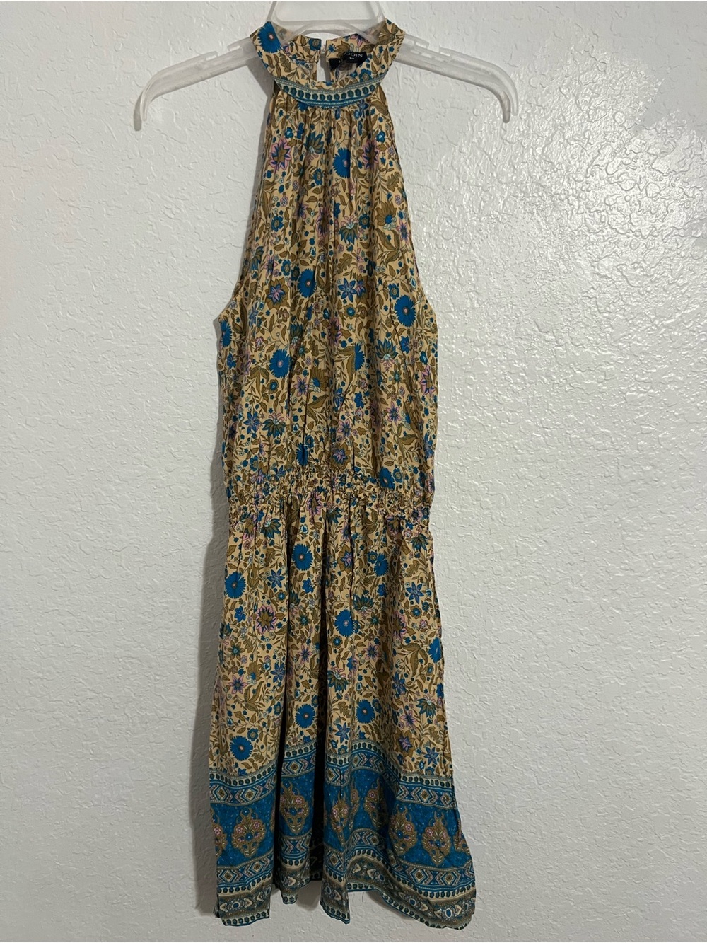 Kojooin Midi Dress Womens Size M Floral Beige/Blue Sleeveless Elastic Waist #660